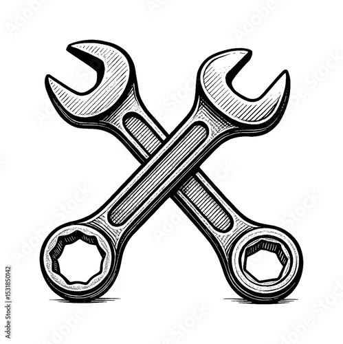 Crossed Wrenches Detailed Black and White Illustration Style Line Art for Mechanical or Repair