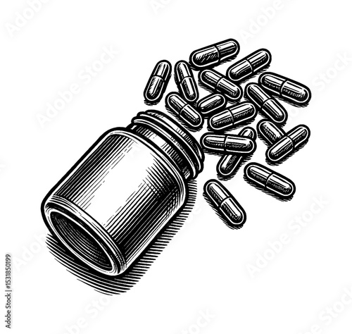 Engraved Style Illustration of Pills Spilling From Pill Bottle on White Background