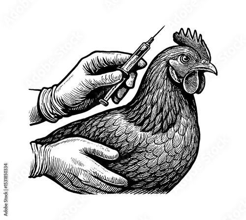 Chicken Being Vaccinated Engraving Style, Hand Holding Syringe, Vaccination Concept, Black and White Illustration
