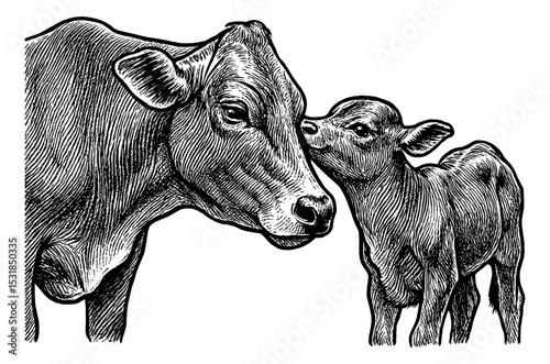 Engraving of Cow and Calf Nose to Nose, showing affection, black and white detailed