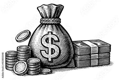 Money Bag with Stack of Bills and Coins in Detailed Black and White Engraving Style
