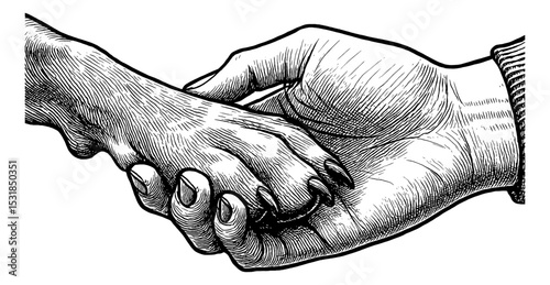 Engraved Illustration of Human Hand Holding a Dog Paw in a Symbolic Gesture of Friendship