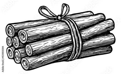 Detailed Black and White Engraving of Cinnamon Sticks Tied with a Ribbon