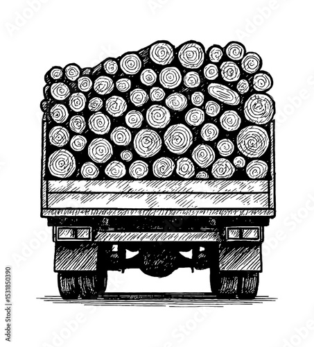Truck Filled with Logs Vector Illustration in Black and White Line Art Style 