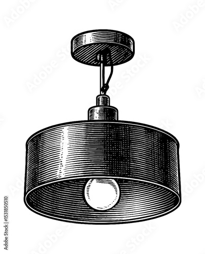 Hanging Black and White Lamp with Shade and Bulb in Engraved Style