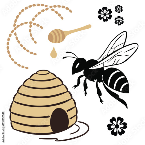 Bee silhouette vector design honey hive and a honey spoon, flower with black bee design