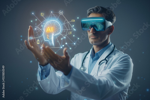 A doctor interacts with an AI virtual assistant using VR glasses symbolizing future medical technology and performs medical diagnosis and health data analysis