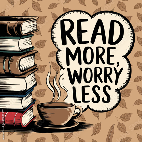 Read more worry less books and coffee illustration for relaxation and stress relief concept art design ,Vector art