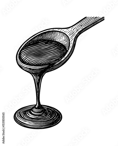 Detailed Engraving Illustration of a Spoon with Liquid and Drip on White Background