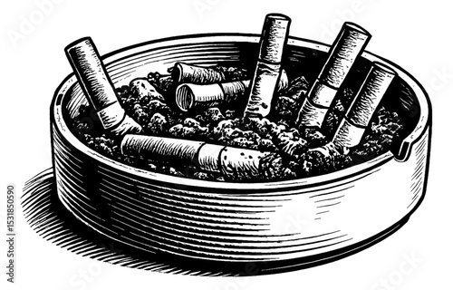 Ashtray full of Cigarette Butts with Black and White Detailed Line Art Drawing