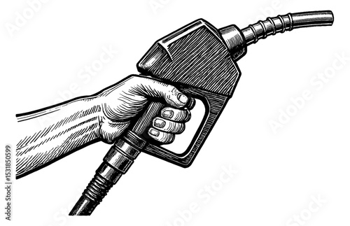 Hand Holding a Gas Nozzle in Detailed Black and White Woodcut Illustration