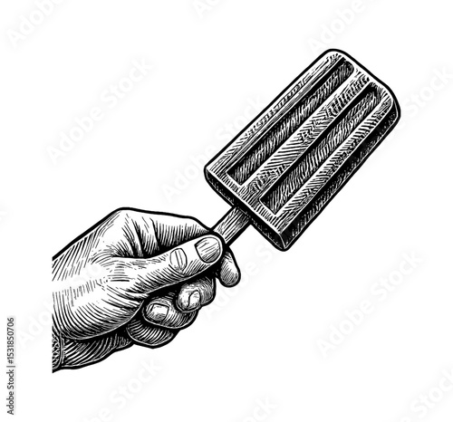 Hand holding popsicle in engraved style isolated on white background, hand drawn style.