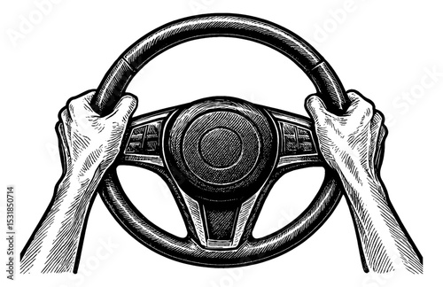 Hands holding steering wheel driving illustration in detailed black and white vector drawing