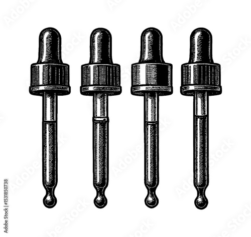 Detailed Engraving of Four Droppers in a Row for Science and Medicine