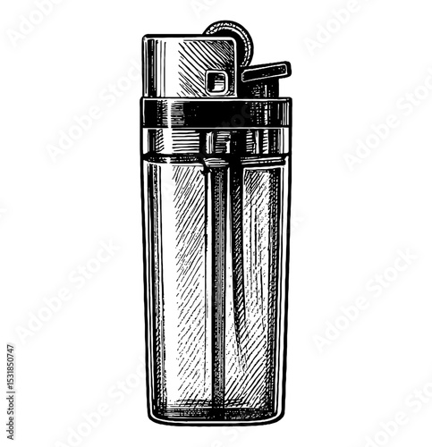Illustration of a Lighter with Detailed Black and White Engraved Style