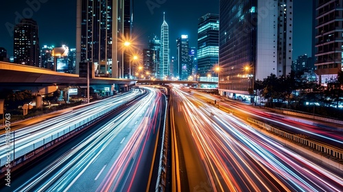 Smart city connectivity in urban traffic scenes nighttime cityscape long exposure photography modern architecture dynamic energy