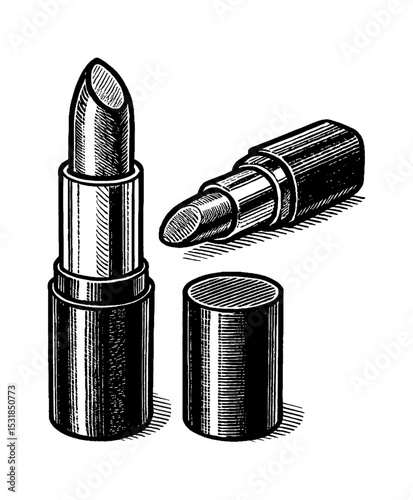 Detailed engraving illustration of lipsticks and caps in black and white color isolated