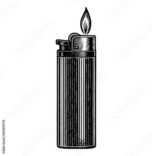Illustration of a Lighter with Flame in Detailed Engrave Style Black and White Isolated