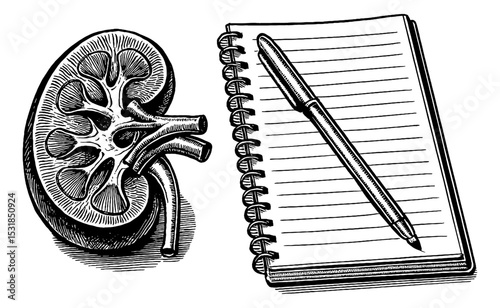 Engraved Illustration of Kidney, Notebook, and Pen in Black and White Detailed Drawing