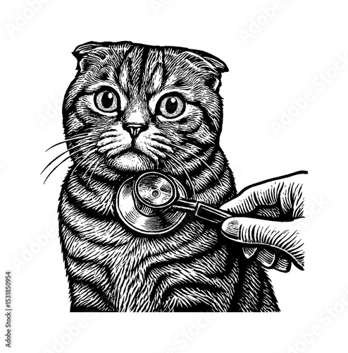 Veterinarian Examining Cat with Stethoscope in Detailed Black and White Engraving Style Illustration