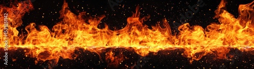 Fiery flames blaze across a dark background