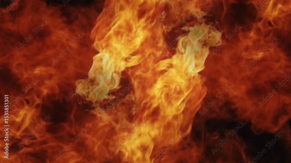 Intense, fiery explosion erupts from center, filling screen with flames and smoke before fading. High-impact VFX for action scenes or transitions