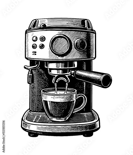 Detailed Black and White Engraving of an Espresso Machine Pouring Coffee into Glass Cup