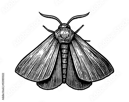 Detailed Engraving of a Moth with Intricate Wing Patterns in Black and White