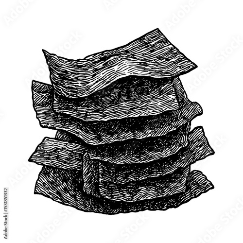 Stack of Dried Tofu Skin Sheets in Detailed Black and White Engraving Style