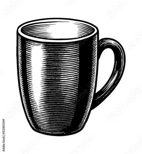 Detailed Vector Drawing of a Coffee Mug with Handle in Black and White Style