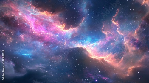 Dazzling celestial dreamscape with swirling cosmic nebulae in vivid pinks blues and purples glowing stars and floating sparkling dust