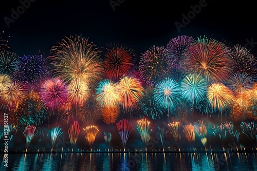 Vibrant Fireworks Display Over Calm Water At Night