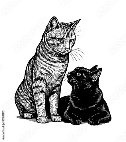 Two Cats Sitting Together in Black and White Engraving Style Illustration, One Looking Up