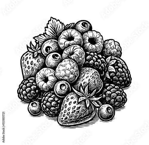 Hand drawn illustration of pile of fresh assorted berries in engraving style.