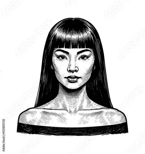 Portrait of a beautiful Asian woman with straight hair looking straight with confident expression
