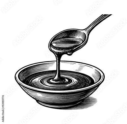 Spoon pouring dark syrup into a bowl in detailed engraved black and white drawing