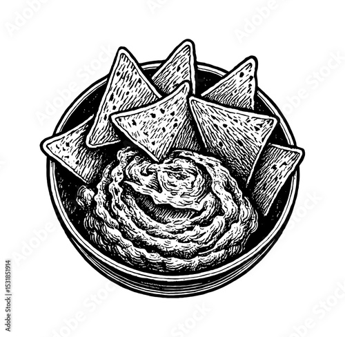 Top View of Bowl with Nachos and Dip in Detailed Black and White Engraving Style