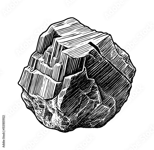 Engraved Illustration of Pyrite Crystal Mineral Stone Isolated on White Background