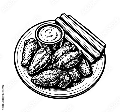 Illustration of Chicken Wings with Celery and Dip on a Plate in Black and White
