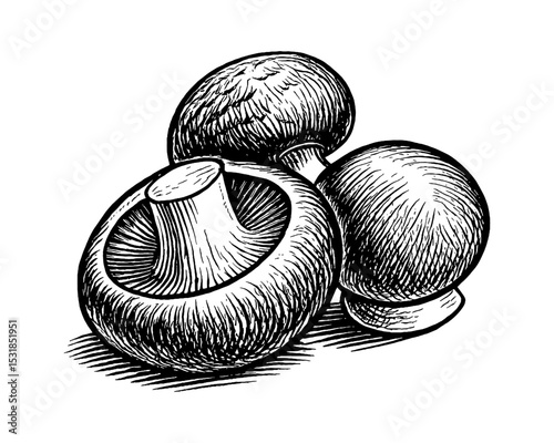 Detailed Engraving of Three Mushrooms with Intricate Line Work Shading on White Background
