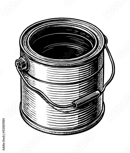 Detailed Black and White Engraving Style Illustration of a Paint Can With Handle