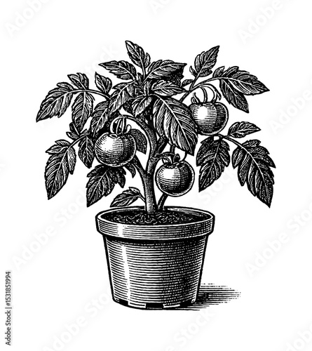 Tomato Plant Growing in a Pot in Black and White Engraved Style Detailed Close Up Still Life