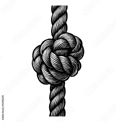 Detailed Black and White Engraving of a Knot on a Rope, Nautical Theme Graphic Resource