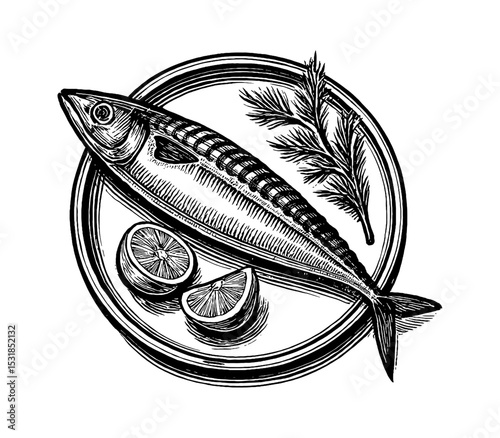 Engraved Illustration of Fish Dish with Lemon and Dill on a Plate in Black and White
