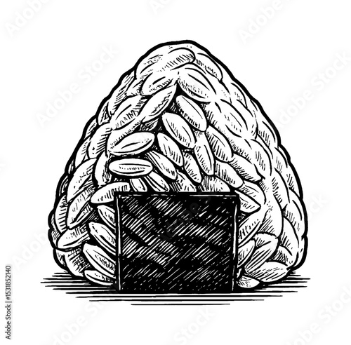 Onigiri Rice Ball with Nori Seaweed Wrapper in Detailed Black and White Hand Drawn Illustration