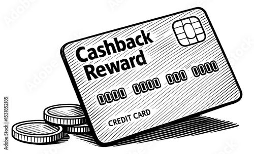 Cashback Reward Credit Card with Coins in Black and White Line Art Illustration