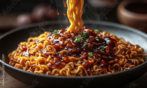 Bowl Of Spicy Noodles With Dark Sauce, Close Up Food Photography