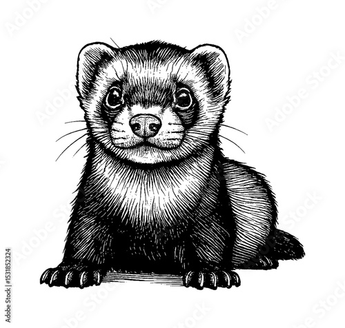 Detailed Black and White Engraving of a Ferret Looking Directly at the Viewer in Front View