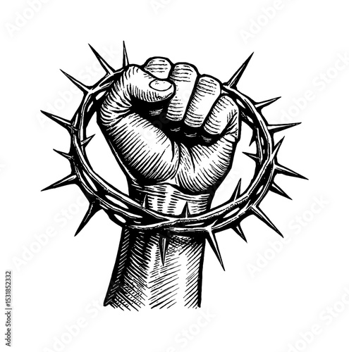 Fist clenching wearing Crown of Thorns Symbol of Protest Resistance in Detailed Engraving