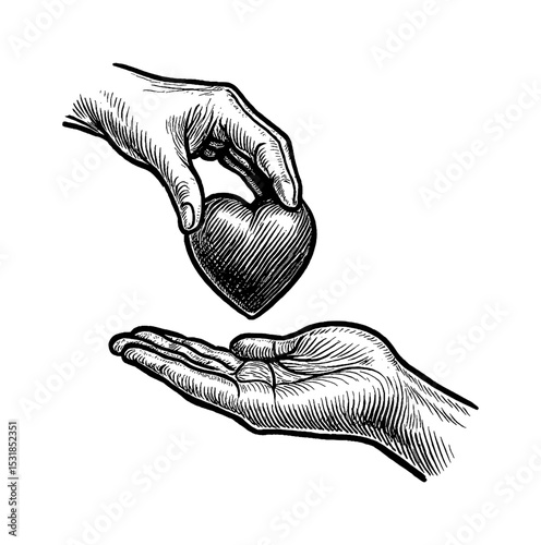 Two Hands Giving Love Heart Shape Engraving Style Black and White Vector Illustration